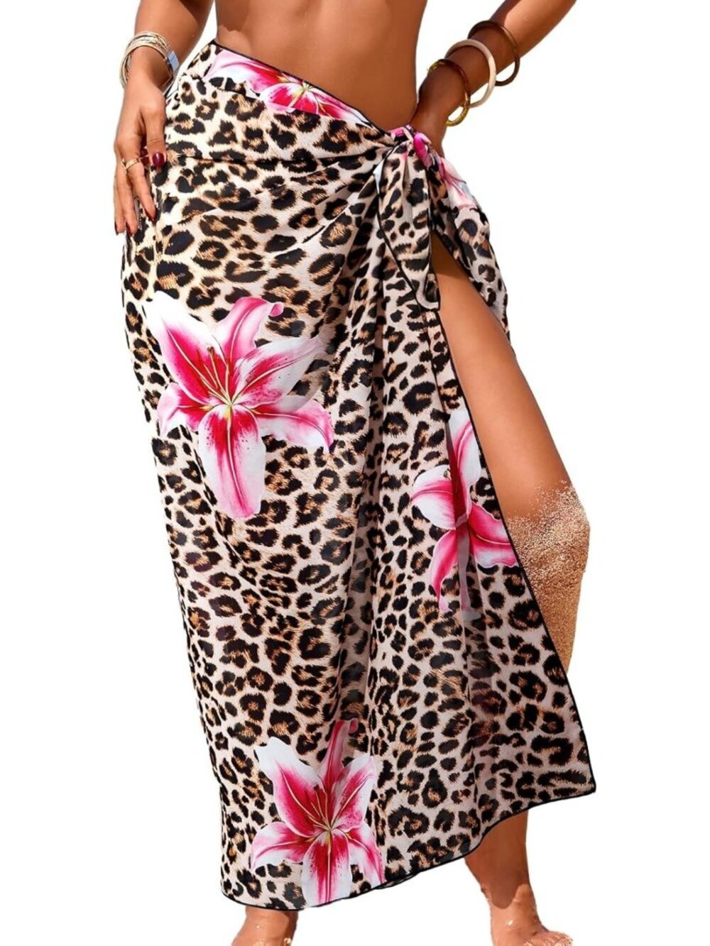 Women's Leopard Lily Print Swimsuit High Slit Summer Floral Print Wrap Beach